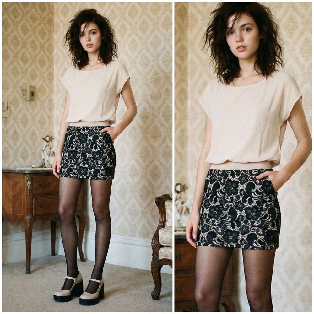 MIU MIU Women's Lace Skirt n blouse Dress Chiffon nude top Size Large